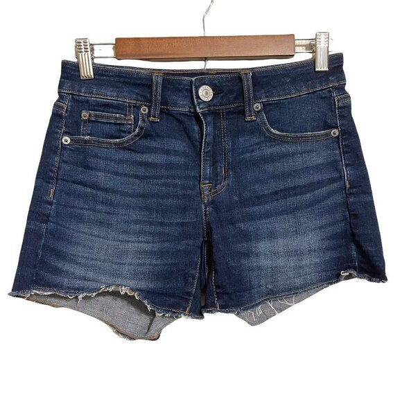 American Eagle Women's Dark Wash Cut Off Whiskered Mid Rise Jean Shorts Size 4 - Picture 1 of 10